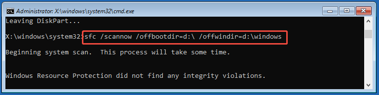 The Command Prompt interface with the sfc scannow offbootdir offwindir command.