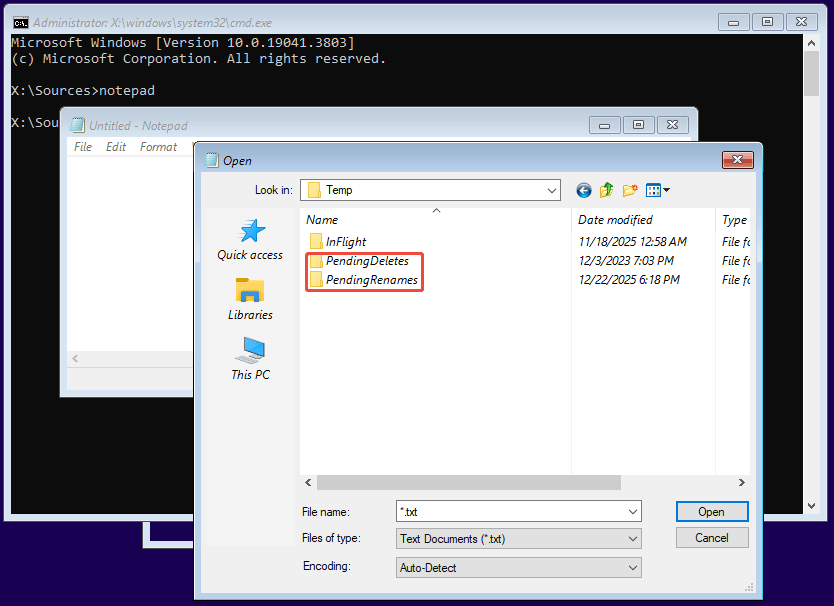 The Command Prompt in WinPE with the Notepad tool showing the PendingDeletes and PendingRenames folders in the Open window.