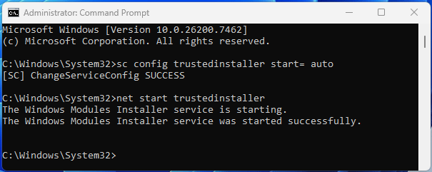 The Command Prompt window with the commands used to enable trustedinstaller.