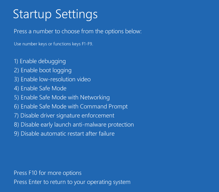 Windows Startup Settings.