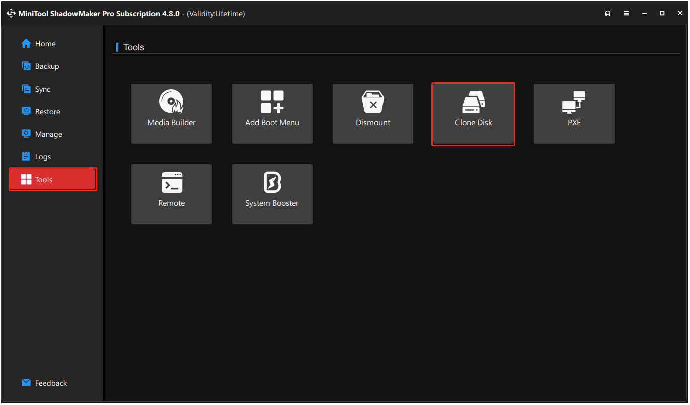 The interface of MiniTool ShadowMaker with selected Tools and Clone Disk.