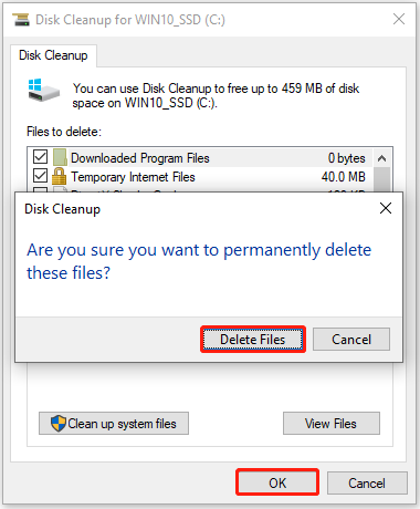 The interface of Disk Cleanup with selected OK and Delete Files.