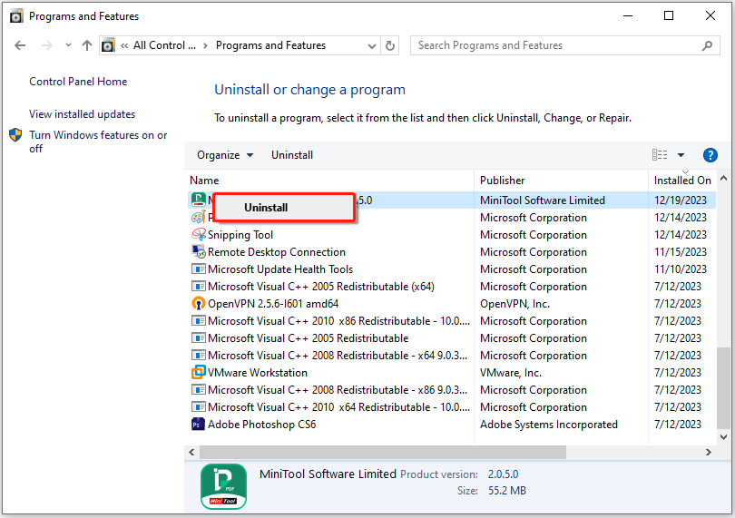 The interface of Programs and Features page with selected Uninstall.