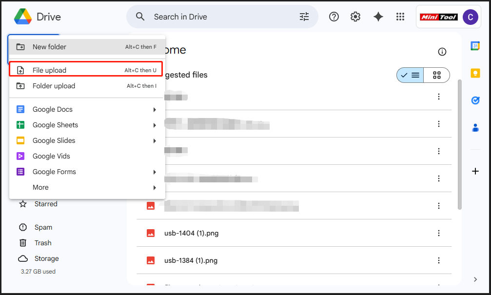 The interface of Google Drive with selected File upload.
