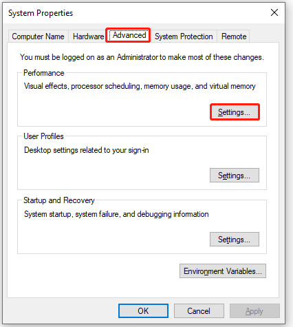 The interface of the System Properties window with selected Advanced and Settings.