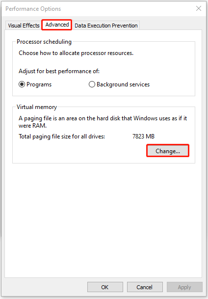The interface of Performance Options window with selected Advanced and Change.
