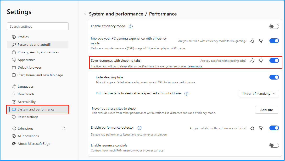 The interface of Microsoft Edge Settings with selected System and performance and enabled Save resources with sleeping tabs.