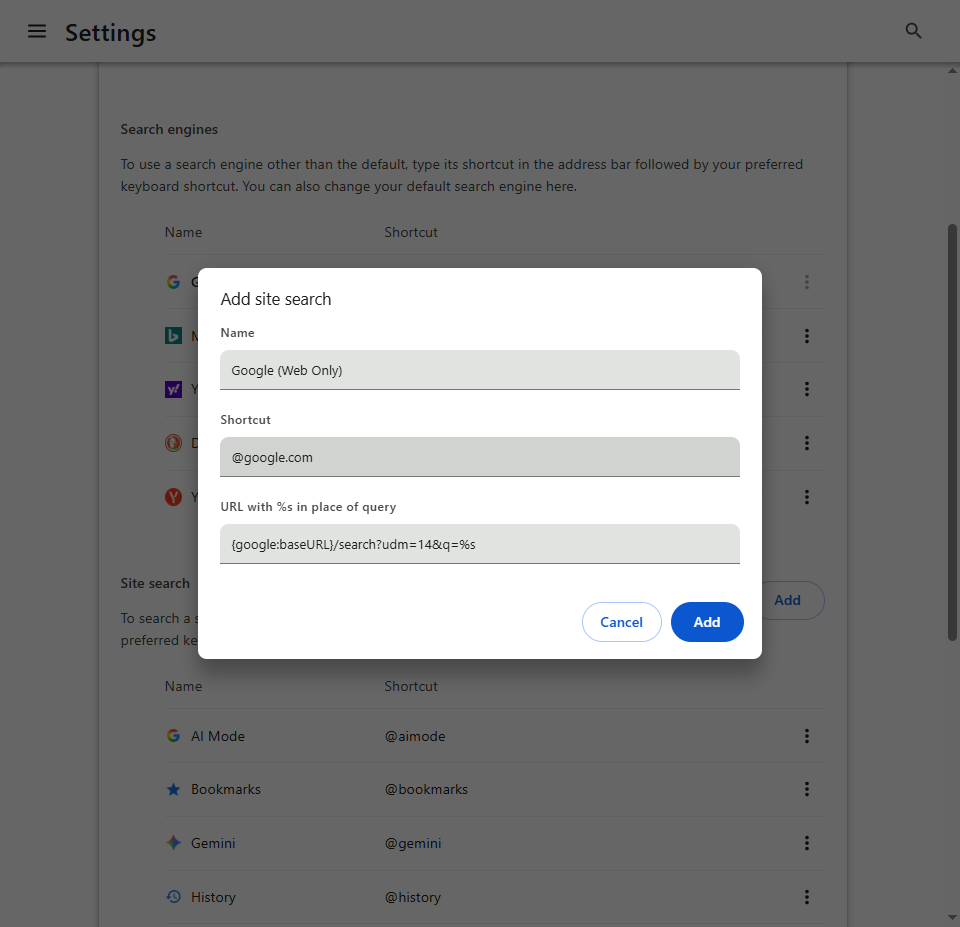 The interface of Google Settings with the prompted Add site search window.