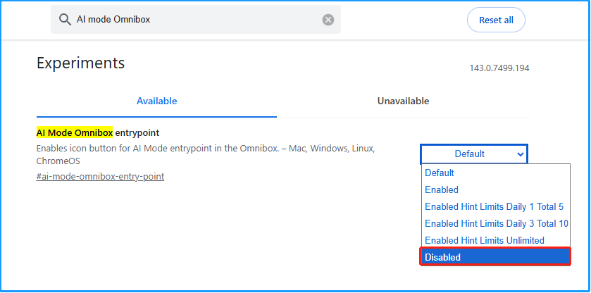 The interface of Chrome flags with highlighted AI Mode Omnibox entrypoint and selected Disabled.