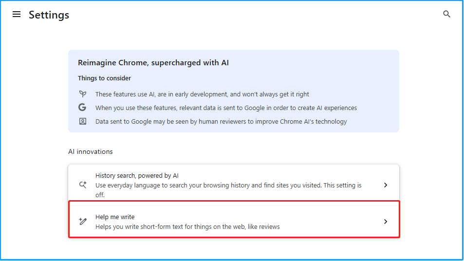 The AI innovations page of Google Settings with selected Help me write.