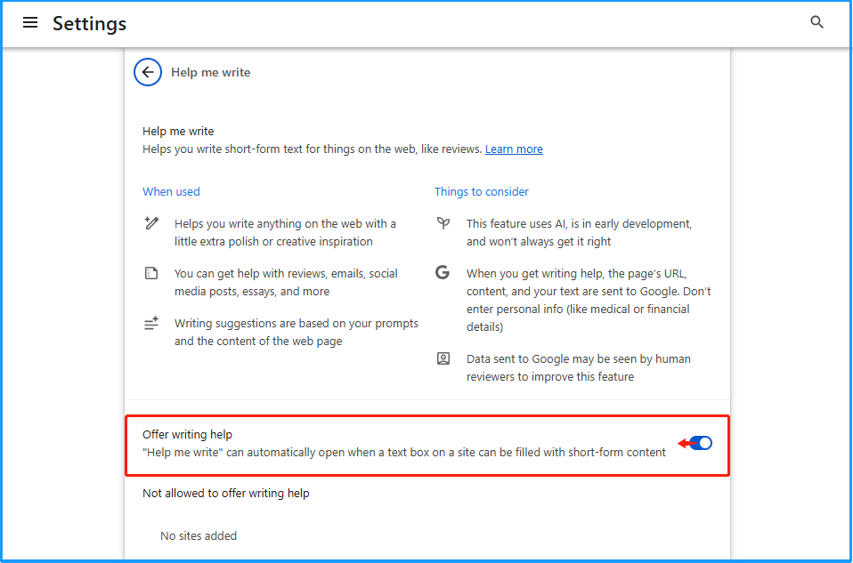 The Help me write page of Google Settings with selected Offer writing help and a left arrow.