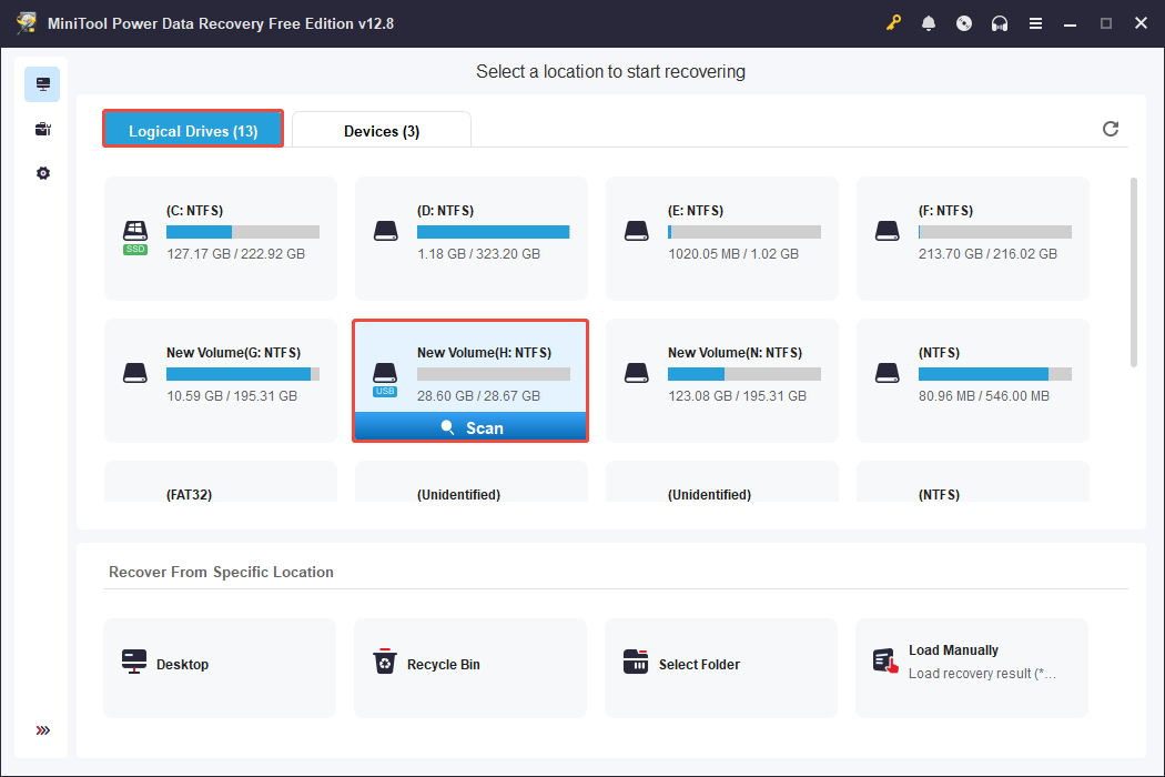 MiniTool Power Data Recovery interface showing the scanned partitions under Logical Drives, with Scan highlighted.