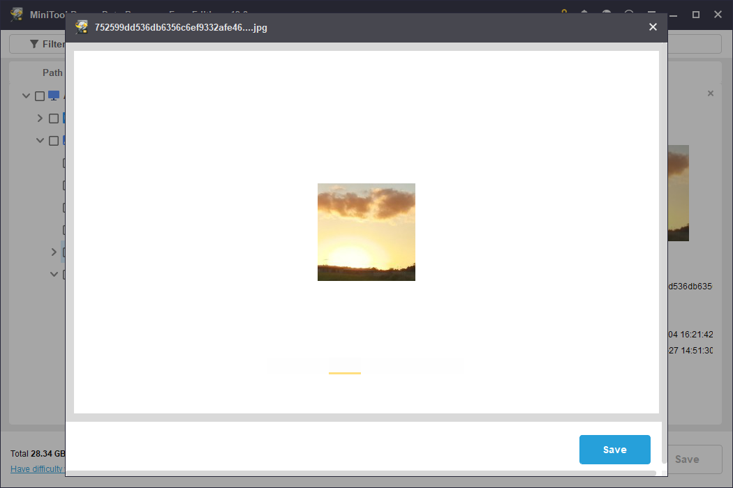 The preview interface in MiniTool Power Data Recovery showing a sunset view on the grass for file verification.