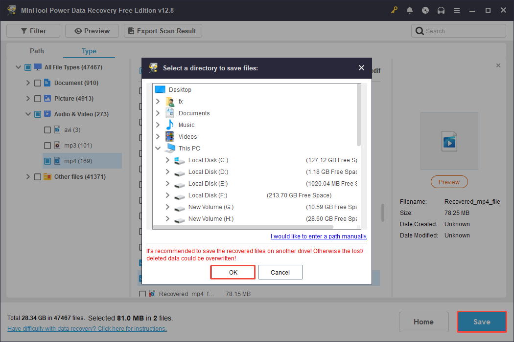 MiniTool Power Data Recovery showing the directory window to save recovered files, with Save and OK highlighted.