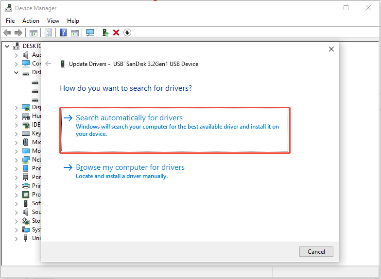 The Update Drivers interface in the Device Manager with Search automatically for drivers highlighted.