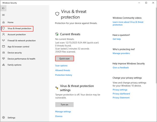 The Virus and threat protection interface in Windows Security with the Quick scan button highlighted.