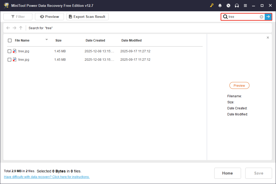 MiniTool Power Data Recovery interface displaying the search results for the file name called tree.