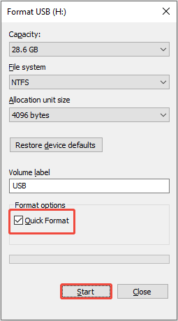 The Format USB interface in the File Explorer with the Quick Format option and the Start button selected.