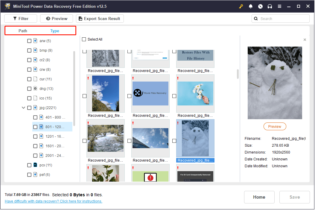 Ver archivos por ruta y tipo en MiniTool Power Data Recovery