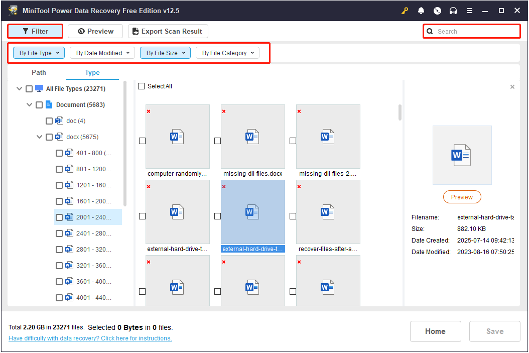 Utilice Filtro y Búsqueda para limitar los archivos en MiniTool Power Data Recovery"