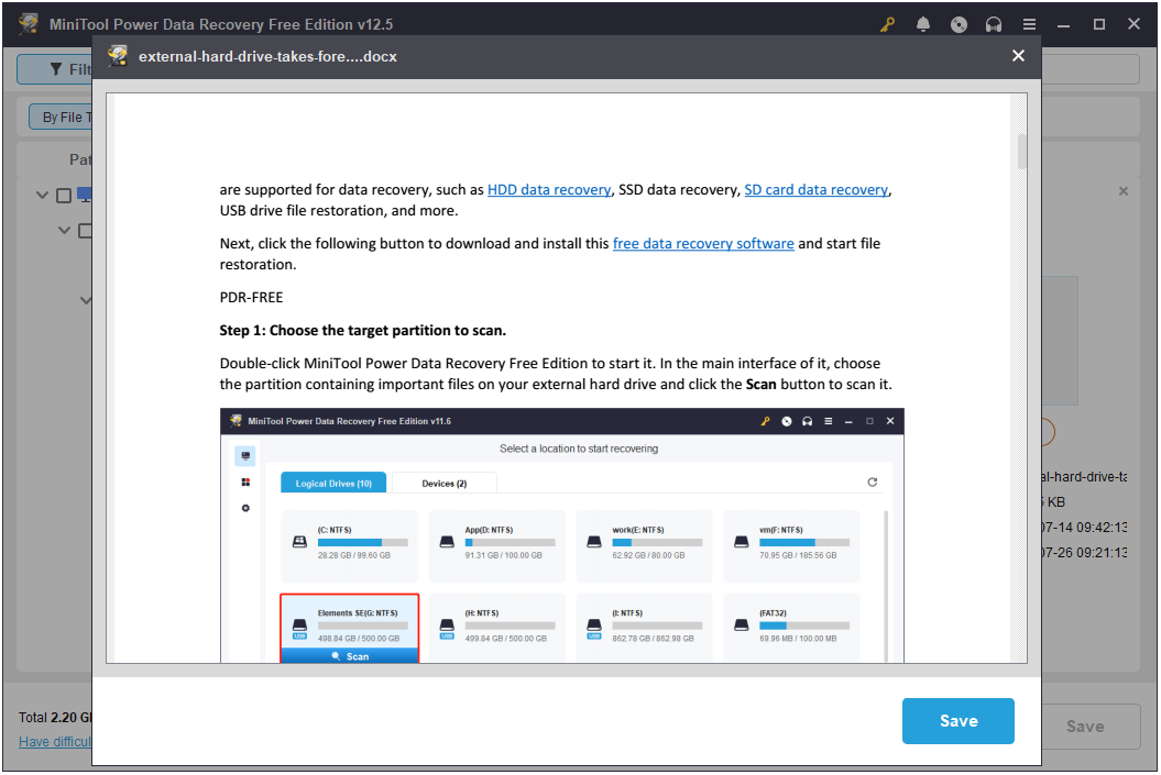 obtener una vista previa de un documento de Word en MiniTool Power Data Recovery