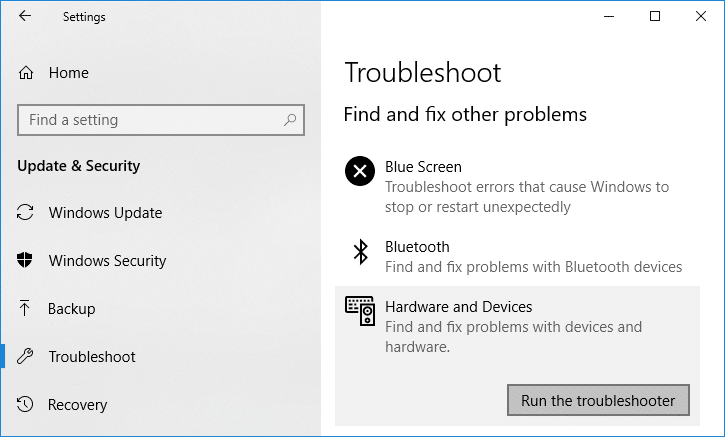 The Troubleshoot panel in Windows 10 Settings with the expanded Hardware and Devices troubleshooter.