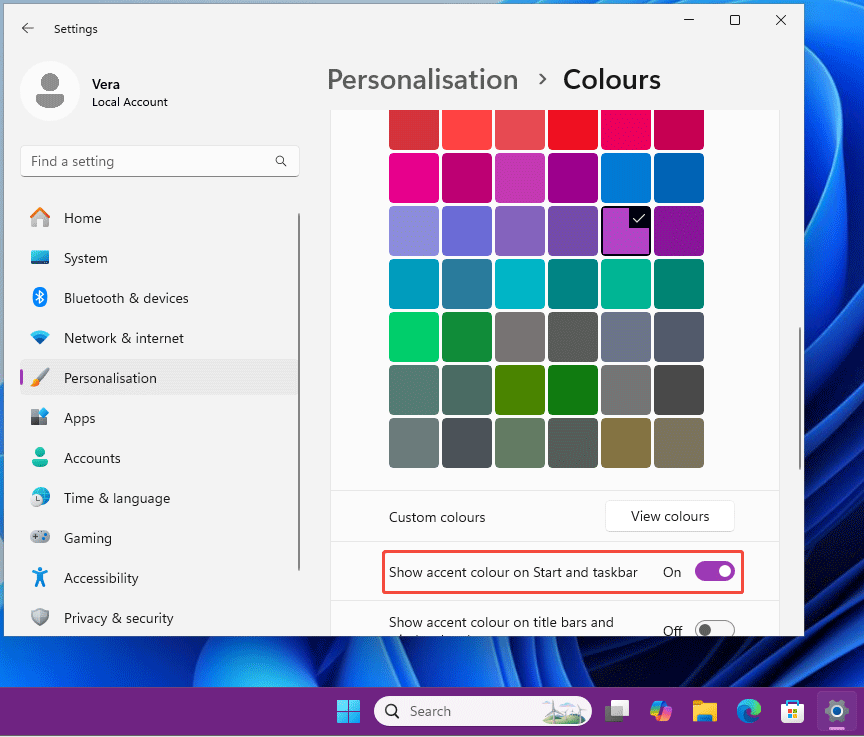 The Colours page under Personalisation in Settings to change the taskbar color.