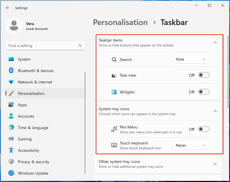 The Taskbar page in Settings showing disabled Search, Task view, widgets, pen menu, and touch keyboard.