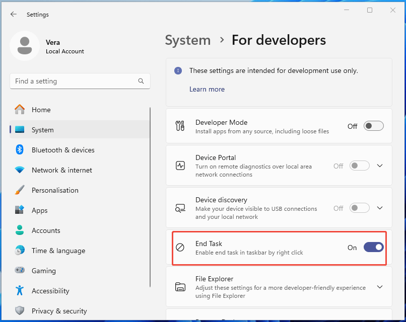 The For developers page under System in Windows 11 Settings to enable End Task.