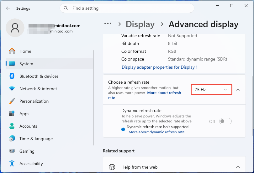 Windows 11 Advanced display settings with the selected refresh rate.