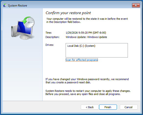 The System Restore window asking you to confirm your restore point.