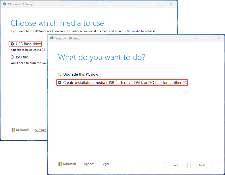 The Windows 11 and 10 Setup interfaces with the USB drive selected as the media.