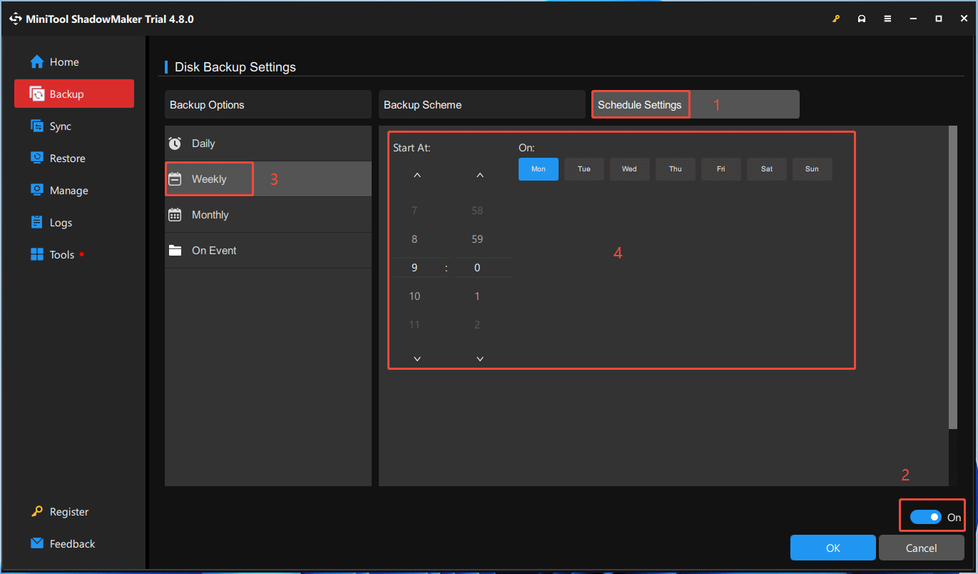 The Backup tab in MiniTool ShadowMaker with the Scheme Settings panel.