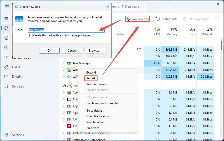 The Task Manager window with the selected Restart button, the Run new task button, and the Create new task window.