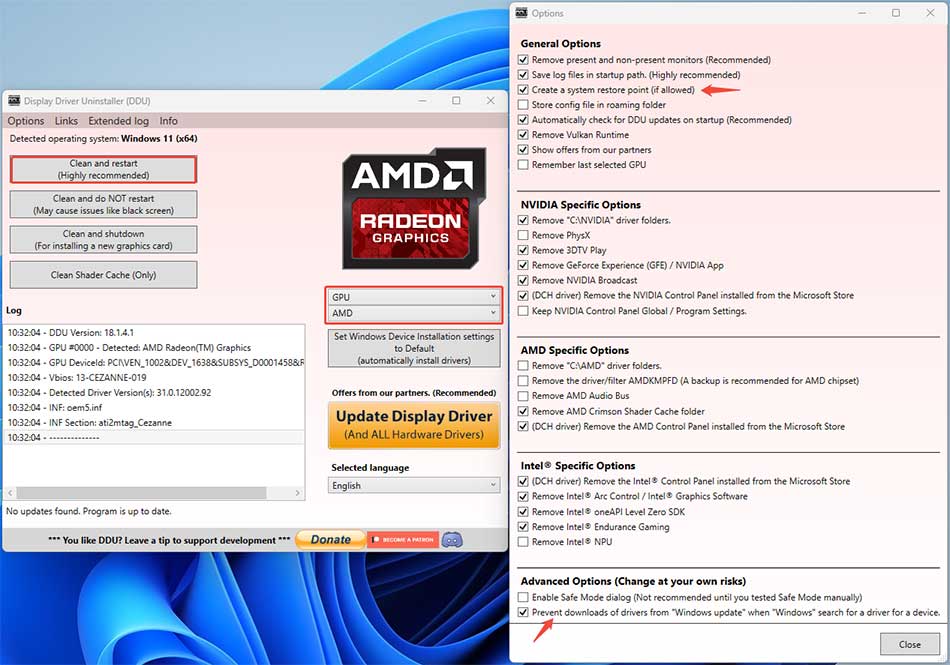 The DDU interface with the Options window.