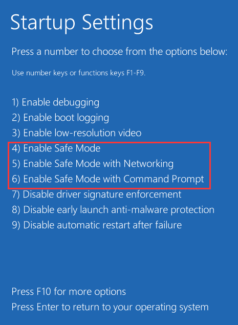 The different Safe Mode options selected in the Startup Settings of WinRE.