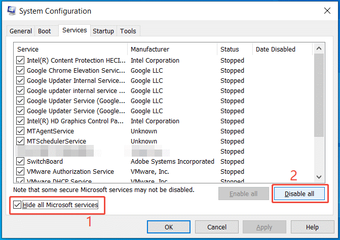 The Hide all Microsoft services and Disable all option selected in the System Configuration window.