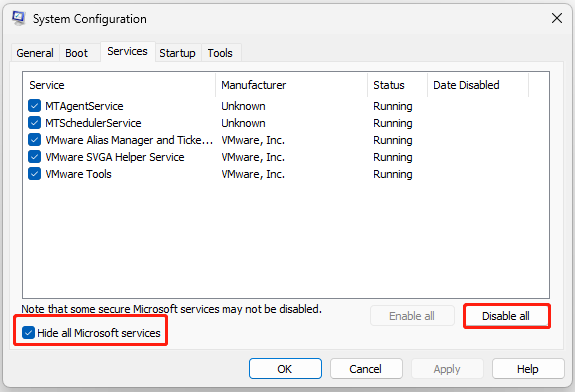 The interface of System Configuration with checked Hide all Microsoft services and selected Disable all.