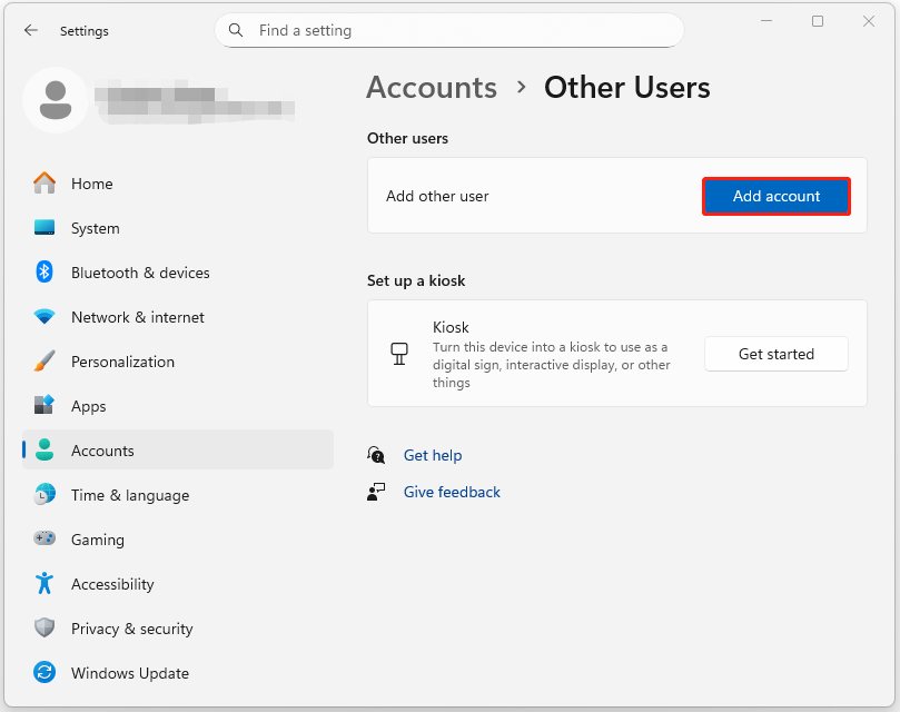 The Accounts page of Settings with selected Add account.