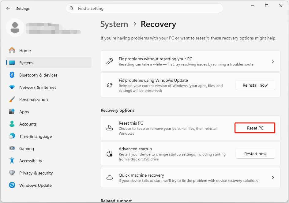The Recovery page of Settings with selected Reset PC.