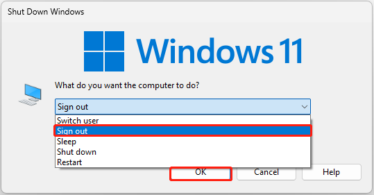 The Shut Down Windows dialog with selected Sign out and OK.