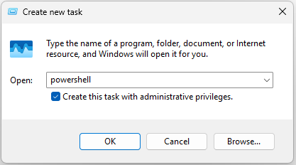 The Create new task window with entered powershell and checked Create this task with administrative privileges.