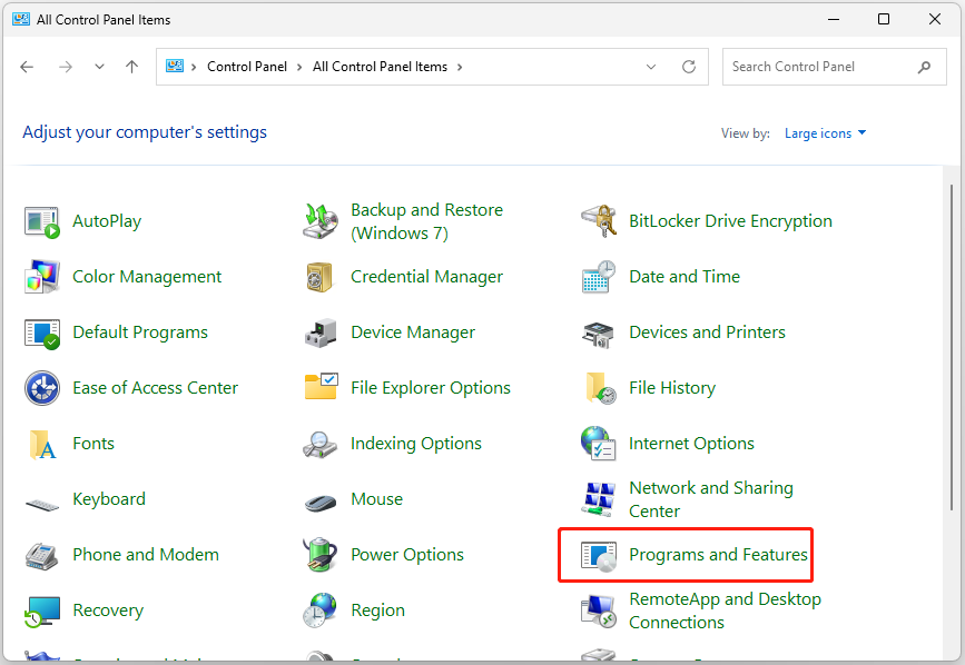 The Control Panel window with selected Programs and Features.