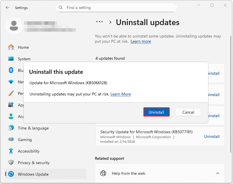 The Uninstall Updates page and the Uninstall this update window with selected Uninstall.