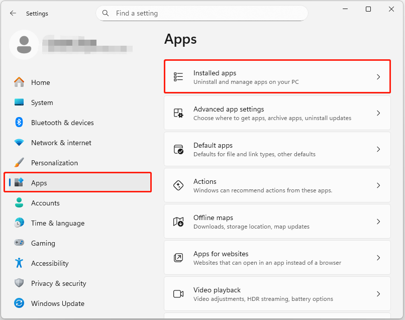 The interface of Settings with selected Apps and Installed apps.
