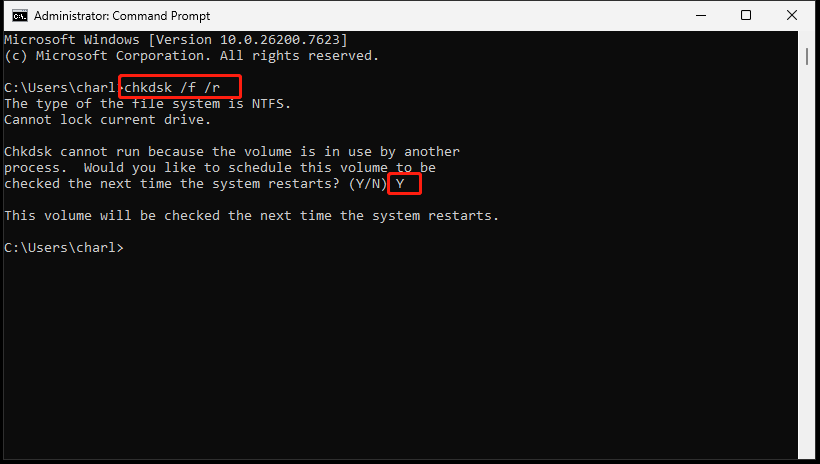 The Command Prompt window with selected CHKDSK command and Y.