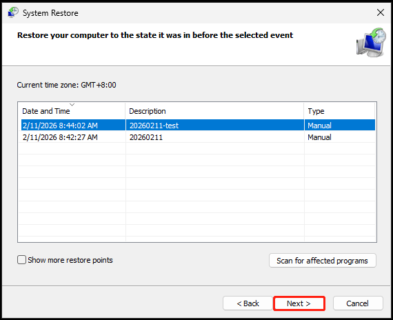 The interface of System Restore with listed restore points and selected Next.