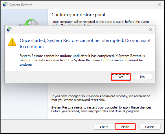 The interface of System Restore with selected Finish and Yes.