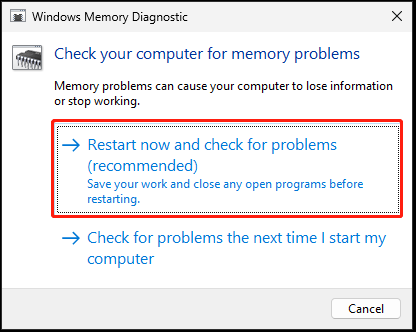 The interface of Windows Memory Diagnostic with selected Restart now and check for problems (recommended).