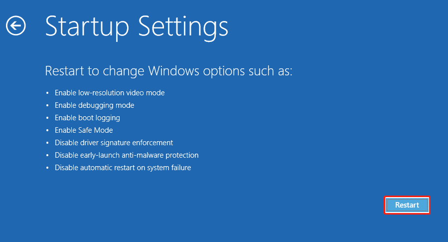 The Startup Settings page in WinPE with selected Restart.